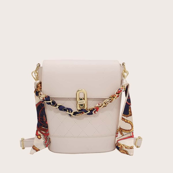 

Twilly Scarf Decor Twist Lock Bucket Bag, Beige