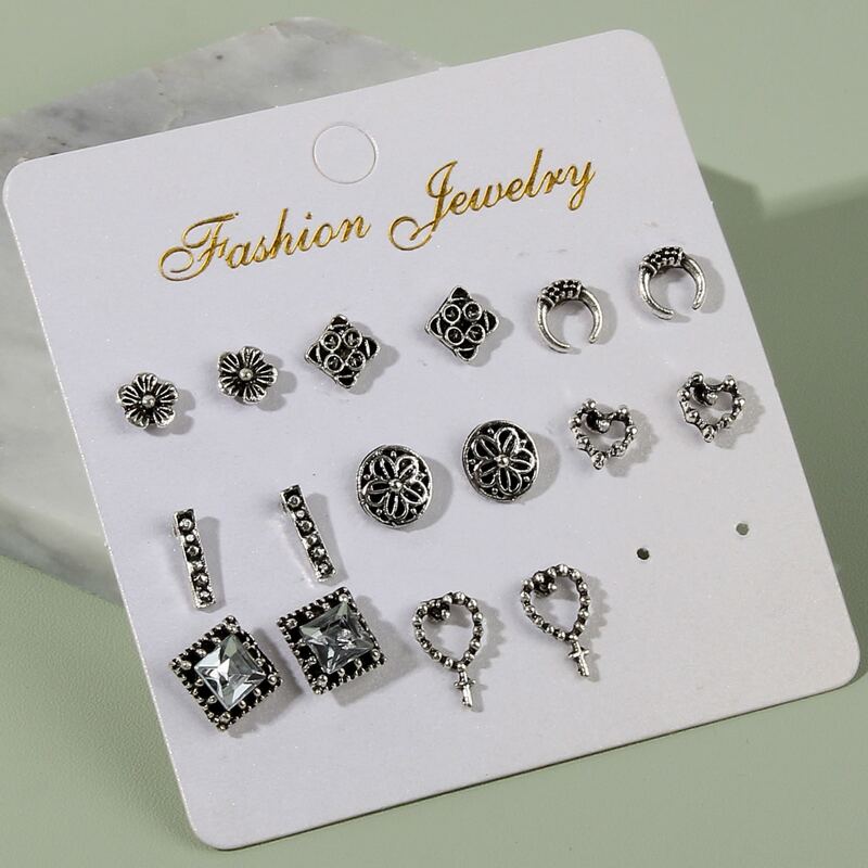 

8pairs Heart Stud Earrings, Antique silver