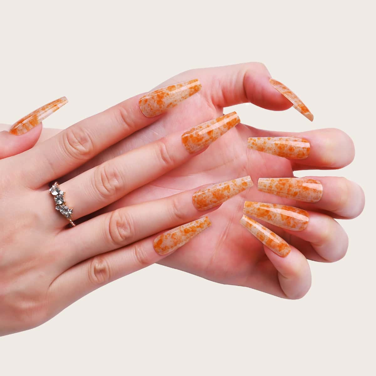 

24pcs Marble Pattern Fake Nail & 1sheet Tape & 1pc Nail File, Orange