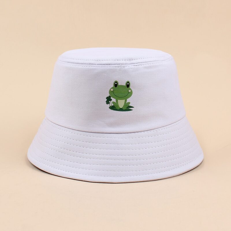 

Cartoon Frog Print Bucket Hat, White