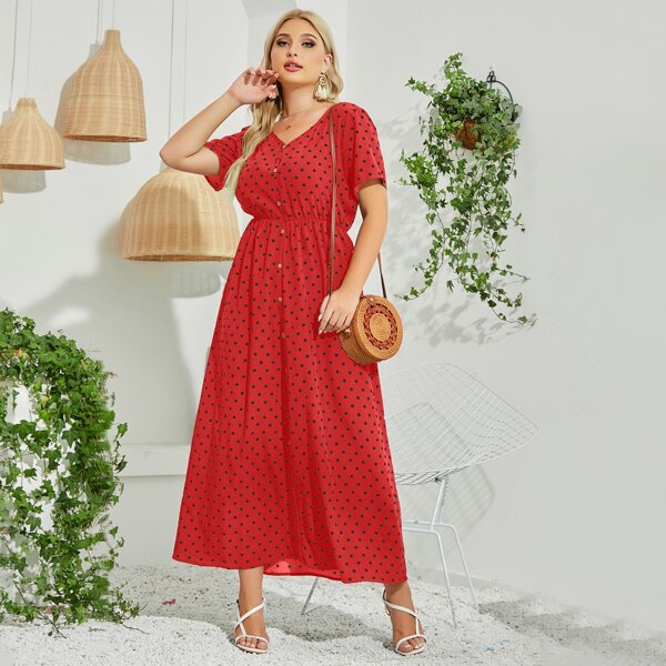 

Plus Polka Dot V Neck A-line Dress, Red