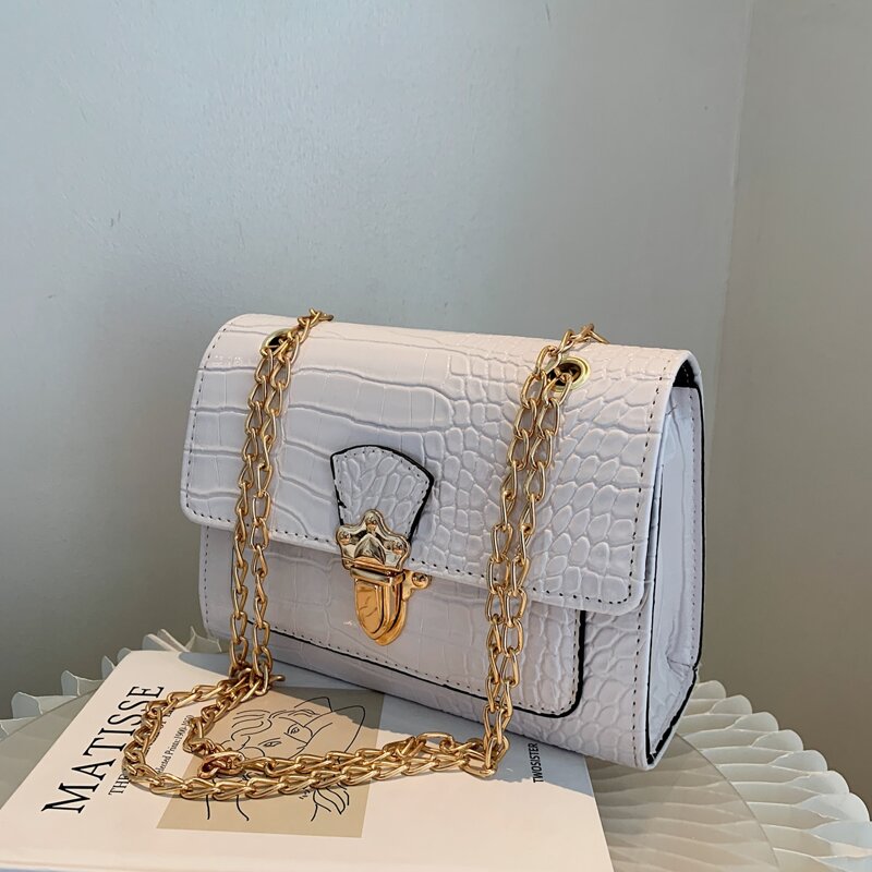 

Croc Embossed Push Lock Chain Bag, White