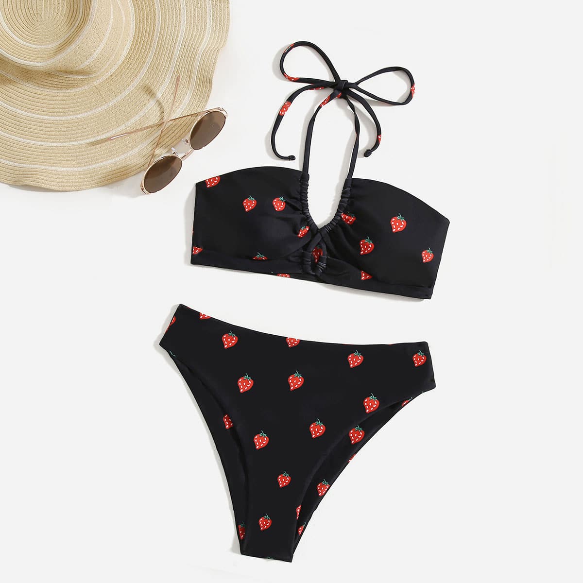 

Strawberry Print Bikini Swimsuit, Black