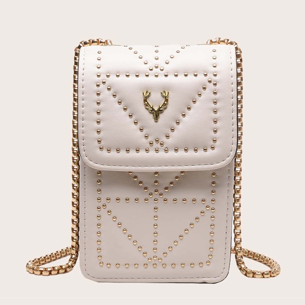 

Studded Decor Flap Chain Bag, White