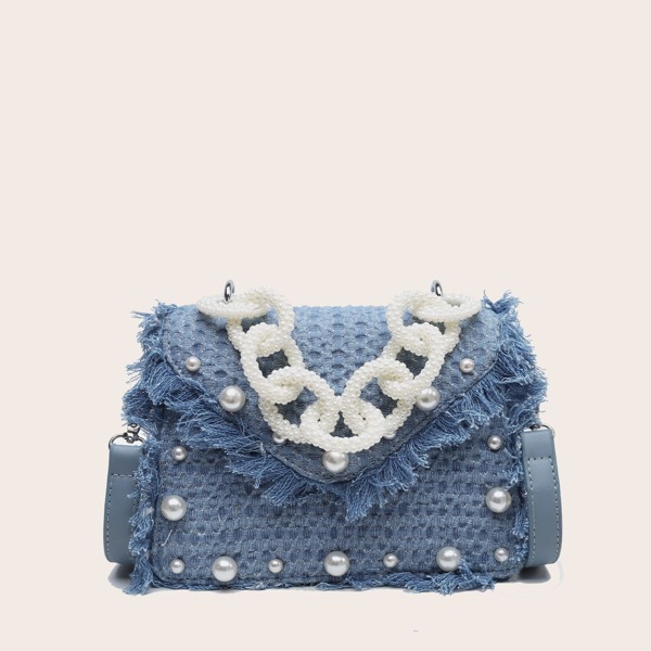 

Faux Pearl & Fringe Decor Satchel Bag, Blue