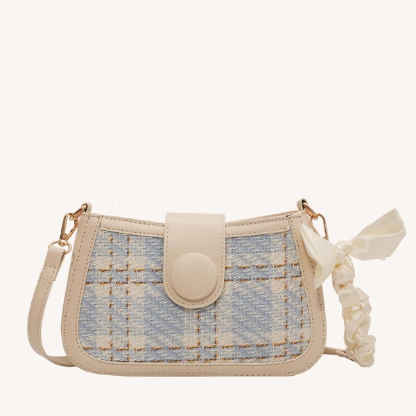 

Twilly Scarf Decor Plaid Crossbody Bag, Beige