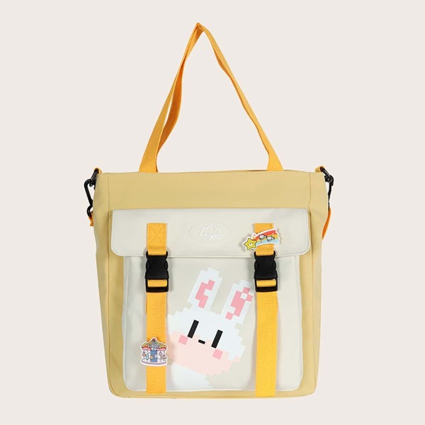 

Double Release Buckle Decor Cartoon Graphic Tote Bag, Yellow