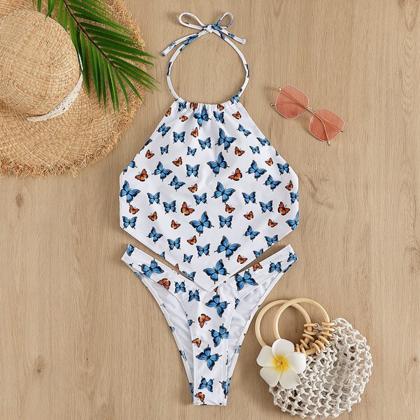 

Butterfly Print Hanky Hem Halter Bikini Swimsuit, Multicolor