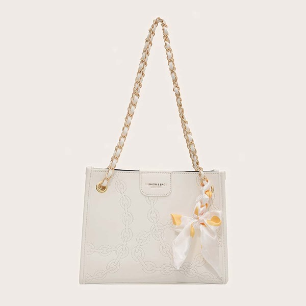 

Bow Decor Chain Print Tote Bag, Beige