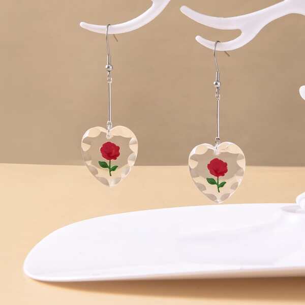 

Flower Pattern Heart Drop Earrings, Red