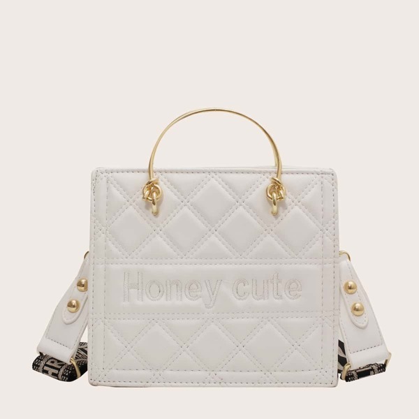 

Letter Embroidered Quilted Satchel Bag, White