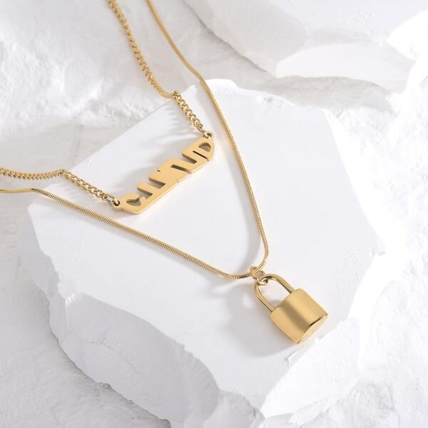 

Lock Charm Layered Necklace, Gold