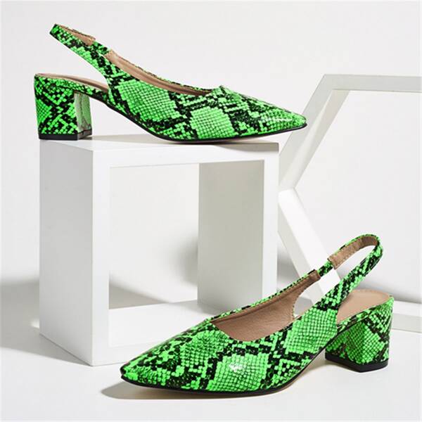 

Snakeskin Print Point Toe Slingback Pumps, Green
