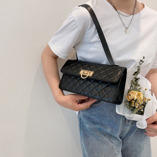 

Solid Buckle Shoulder Bag, Black