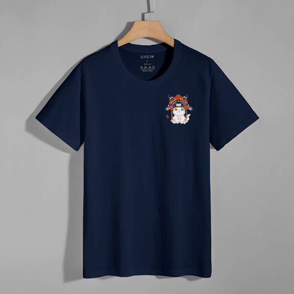 

Men Cartoon Cat Print Round Neck Tee, Navy blue