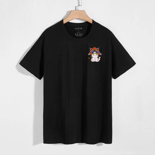 

Men Cartoon Cat Print Round Neck Tee, Black
