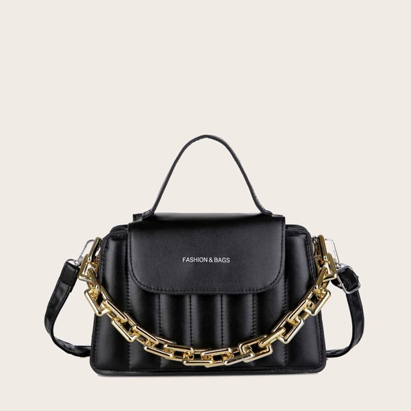 

Letter Graphic Flap Satchel Bag, Black