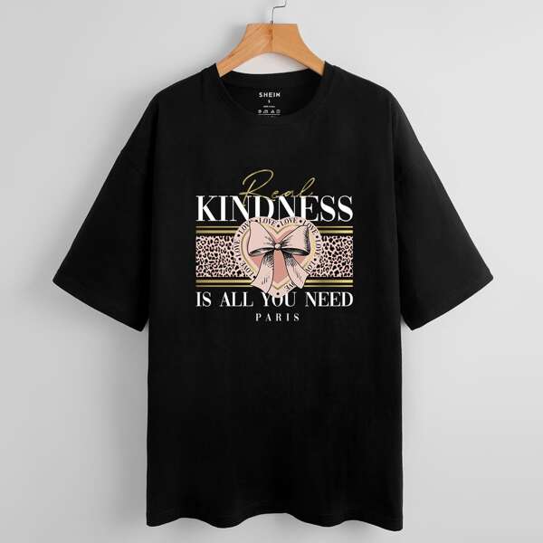 

Letter And Bow Knot Graphic Print Short Sleeve Tee, Black