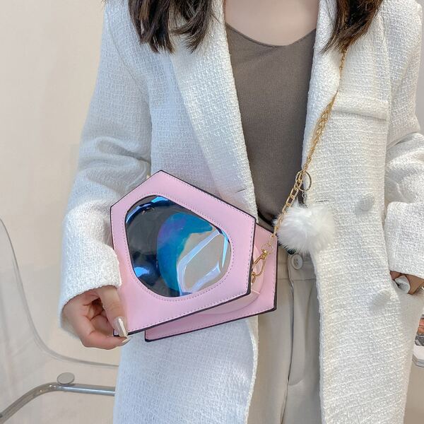 

Holographic Diamond Shaped Chain Bag, Pink