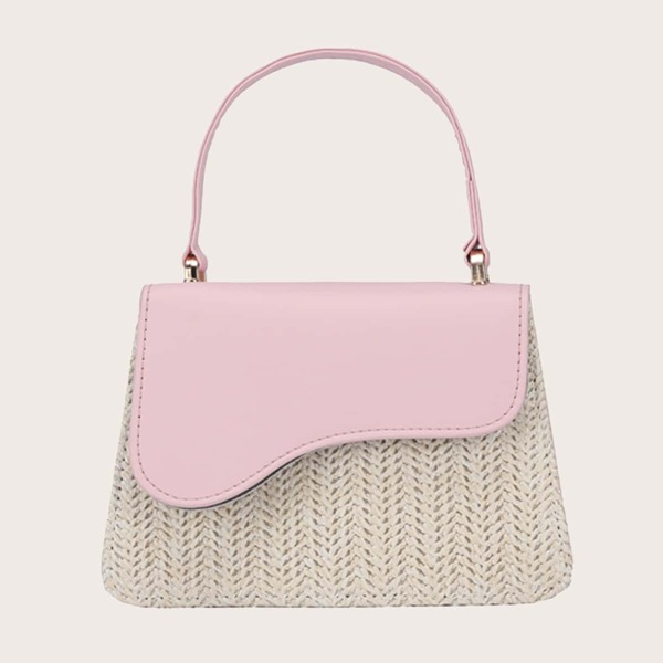 

Two Tone Irregular Flap Straw Satchel Bag, Pink