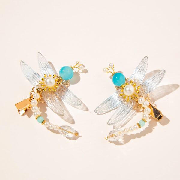 

2pcs Faux Pearl Dragonfly Decor Hair Clip, Blue