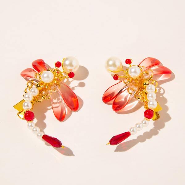 

2pcs Faux Pearl Dragonfly Decor Hair Clip, Hot pink