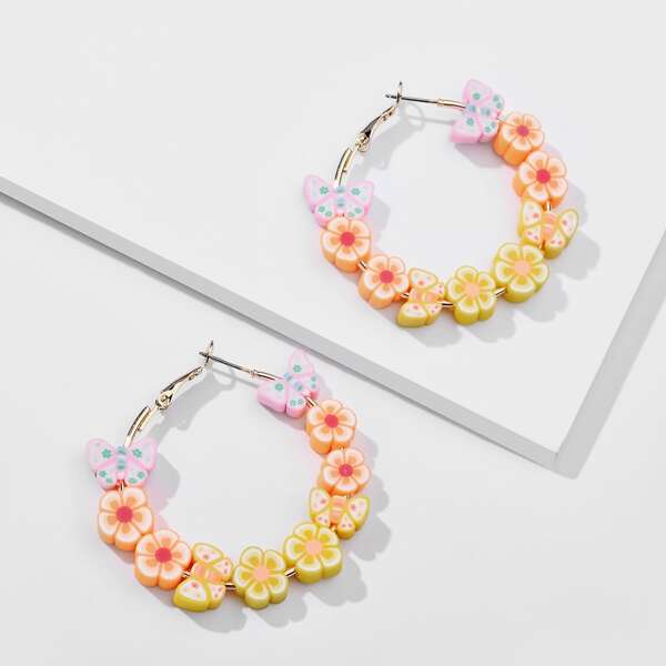 

Flower & Butterfly Beaded Hoop Earrings, Multicolor