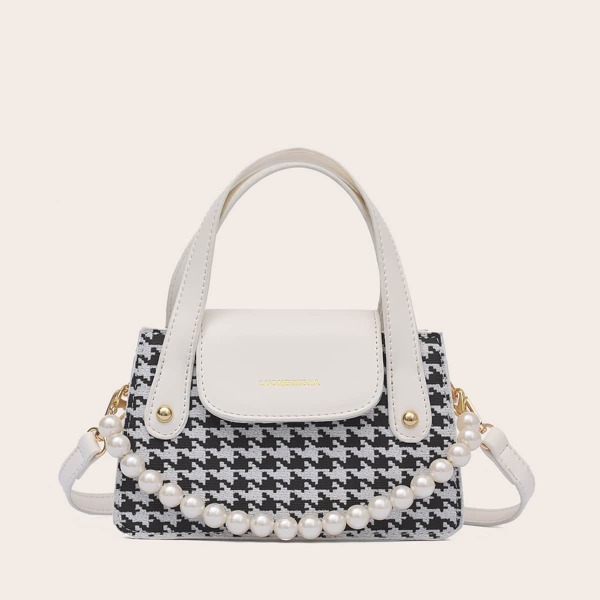 

Faux Pearl Beaded Houndstooth Pattern Satchel Bag, Black and white