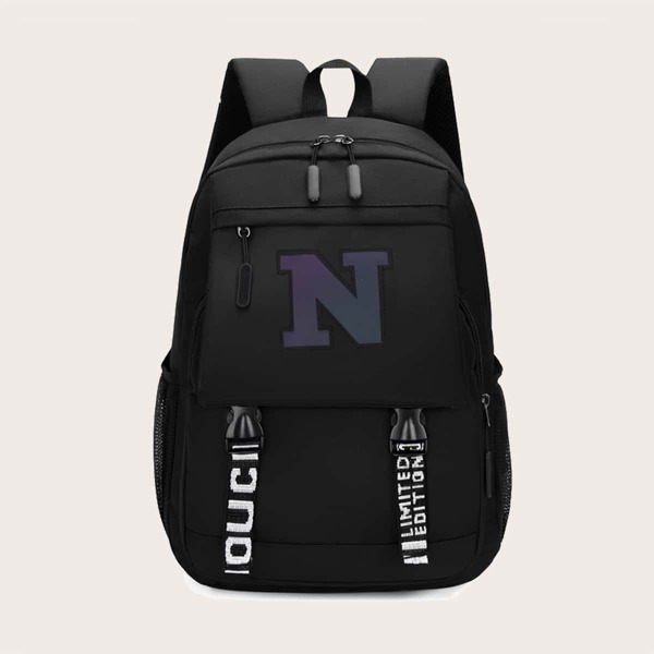 

Men Letter Tape Detail Large Capacity Backpack, Black