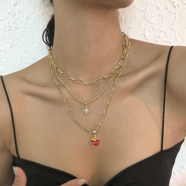 

Heart Charm Layered Necklace, Multicolor