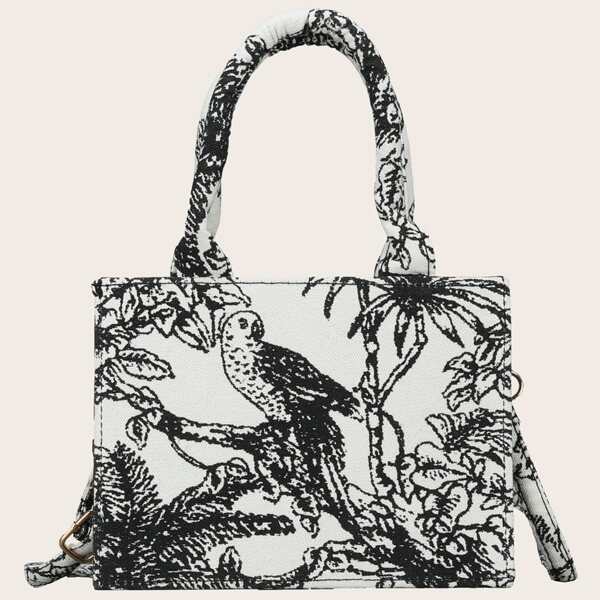 

Bird Print Satchel Bag, Black and white