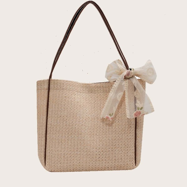 

Bow Decor Woven Tote Bag, Beige