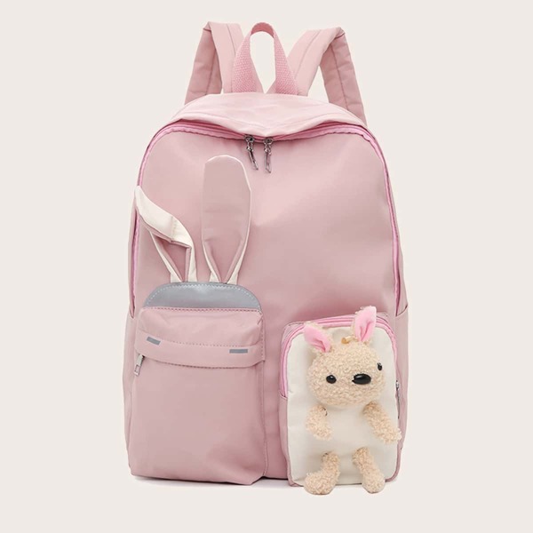 

Cartoon Decor Pocket Front Backpack, Pink