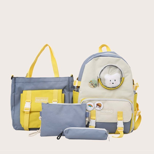 

4pcs Color Block Backpack Set, Blue