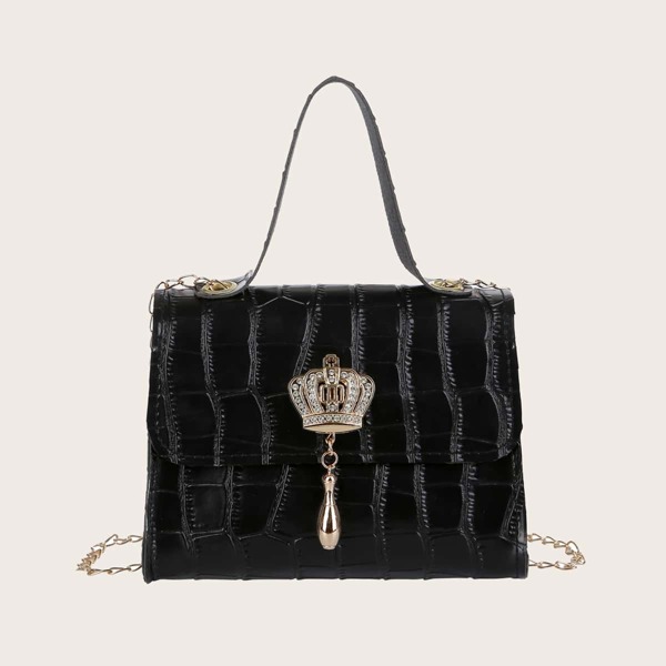 

Rhinestone Decor Croc Embossed Chain Bag, Black