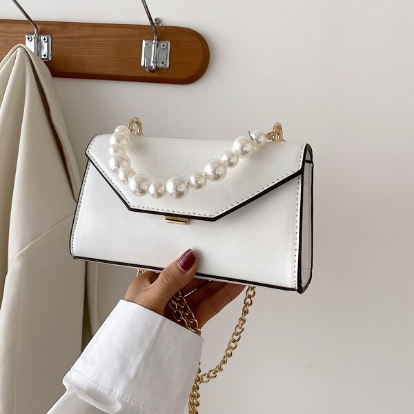 

Faux Pearl Beaded Flap Chain Bag, White