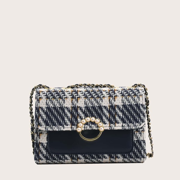

Faux Pearl Decor Plaid Pattern Square Bag, Navy blue