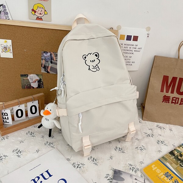 

Cartoon Bear Graphic Large Capacity Backpack, White