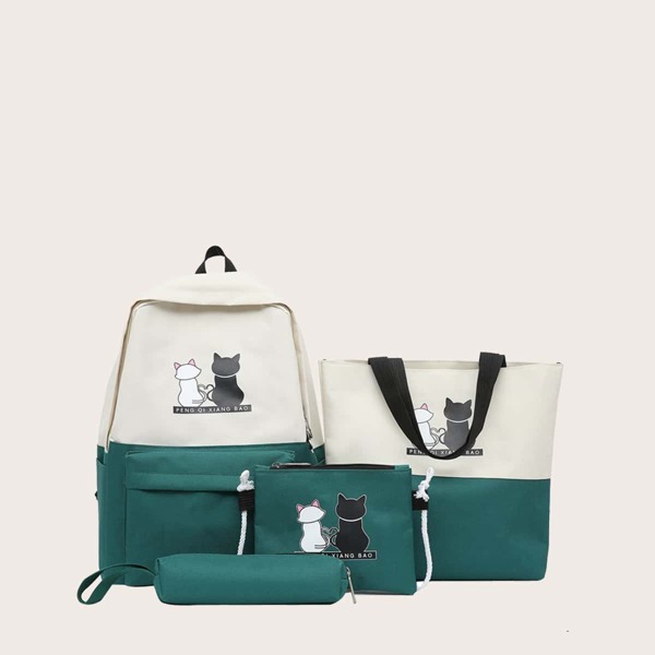 

4pcs Cartoon Cat Graphic Two Tone Backpack Set, Green