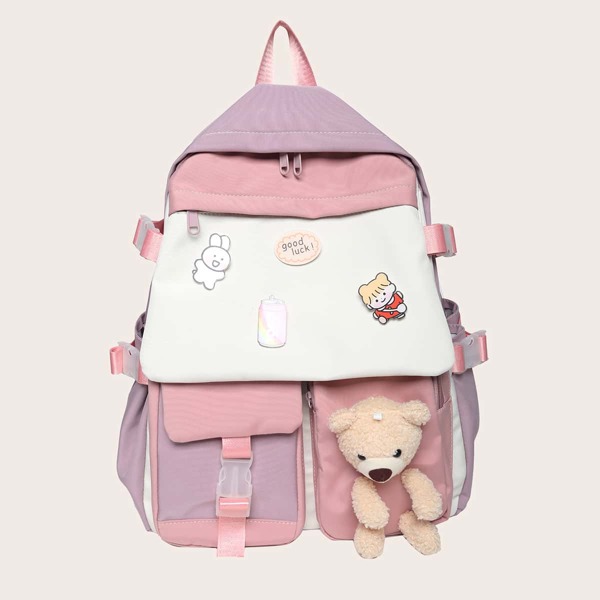 

Colorblock Cartoon Bear Decor Large Capacity Backpack, Multicolor
