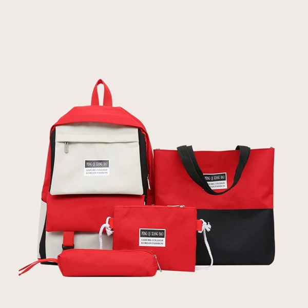

4pcs Colorblock Backpack Set, Red