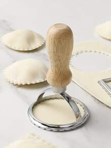 1pc Round Dumpling Mold, Wooden Handle Dough Press Mold For Kitchen - Silver - View 6