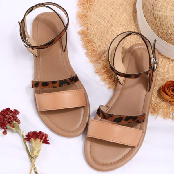 

Open Toe Ankle Strap Flat Sandals, Brown