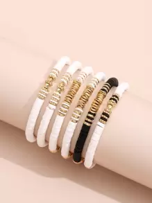 6pcs Bead Decor Bracelet - Black and White - View 1