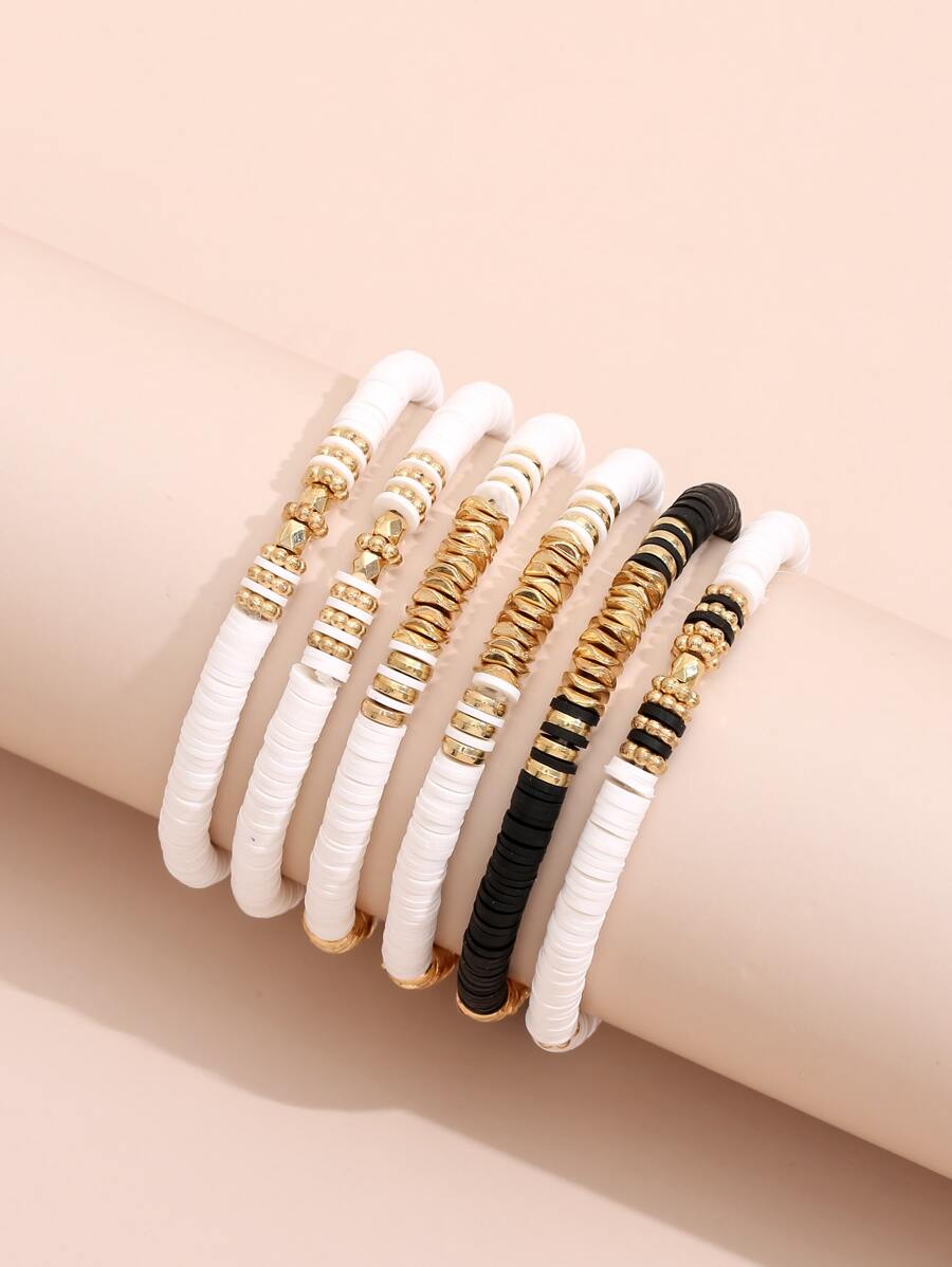 6pcs Bead Decor Bracelet - Black and White - View 1