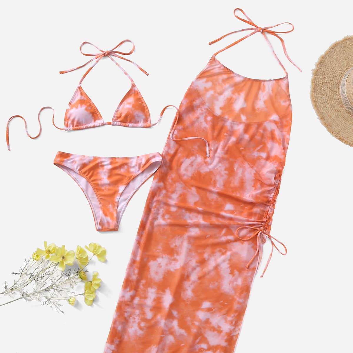

3pack Tie Dye Bikini Swimsuit With Cover Up, Orange