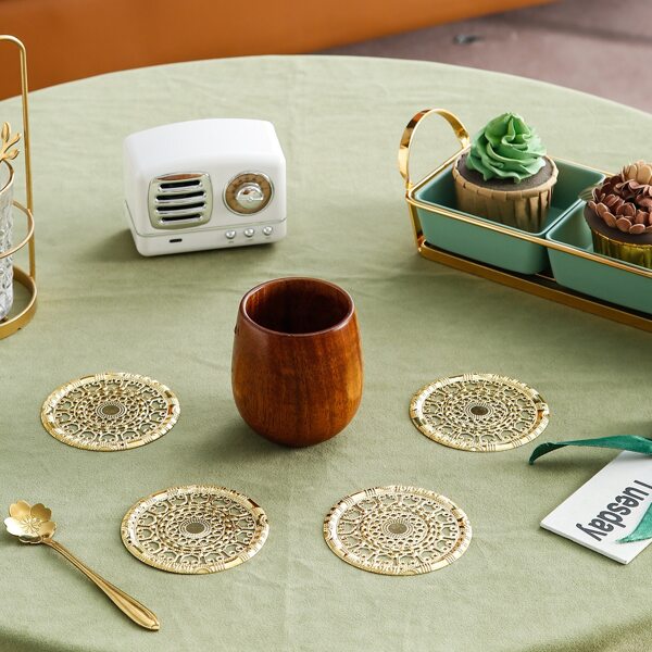 

4pcs Round Hollow Coaster, Gold
