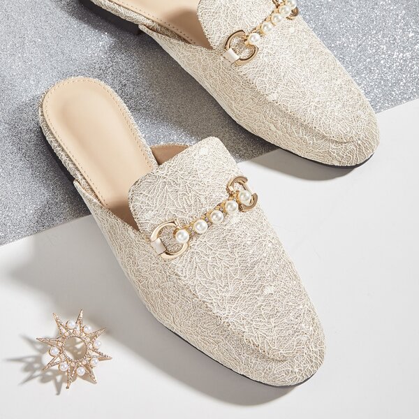 

Faux Pearl Decor Flat Mules, Champagne