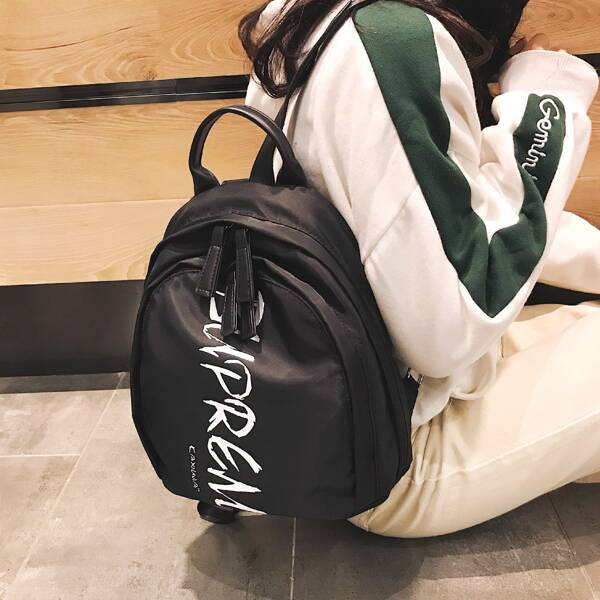 

Waterproof Letter Graphic Backpack, Black