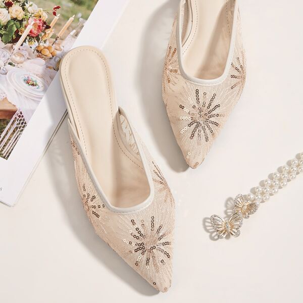 

Sequin Decor Point Toe Flat Mules, Beige